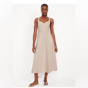 Old Navy Linen blend Midi fit and flare dress flax tan natural breathable size S